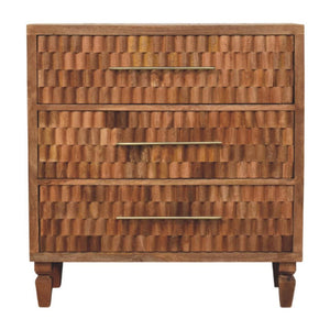 Cadiz Carved Chest of Drawers | Solid Mango Wood | Golden Teak Finish | 3 Drawer Storage Dresser