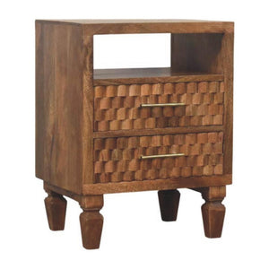Cadiz Carved Open Shelf Bedside Table | Solid Mango Wood | Golden Teak Finish | 2 Drawer Nightstand