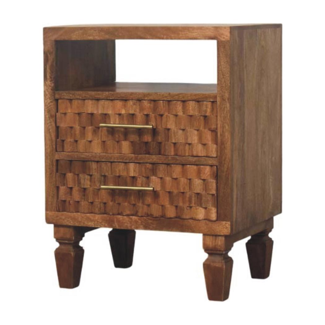Cadiz Carved Open Shelf Bedside Table | Solid Mango Wood | Golden Teak Finish | 2 Drawer Nightstand