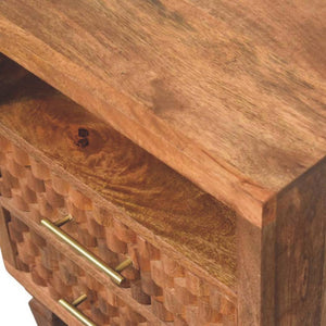 Cadiz Carved Open Shelf Bedside Table | Solid Mango Wood | Golden Teak Finish | 2 Drawer Nightstand