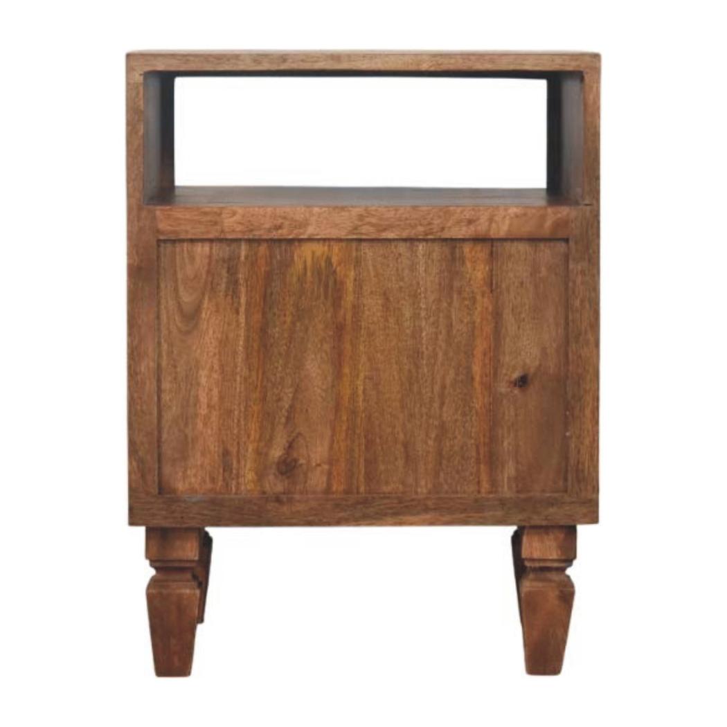 Cadiz Carved Open Shelf Bedside Table | Solid Mango Wood | Golden Teak Finish | 2 Drawer Nightstand
