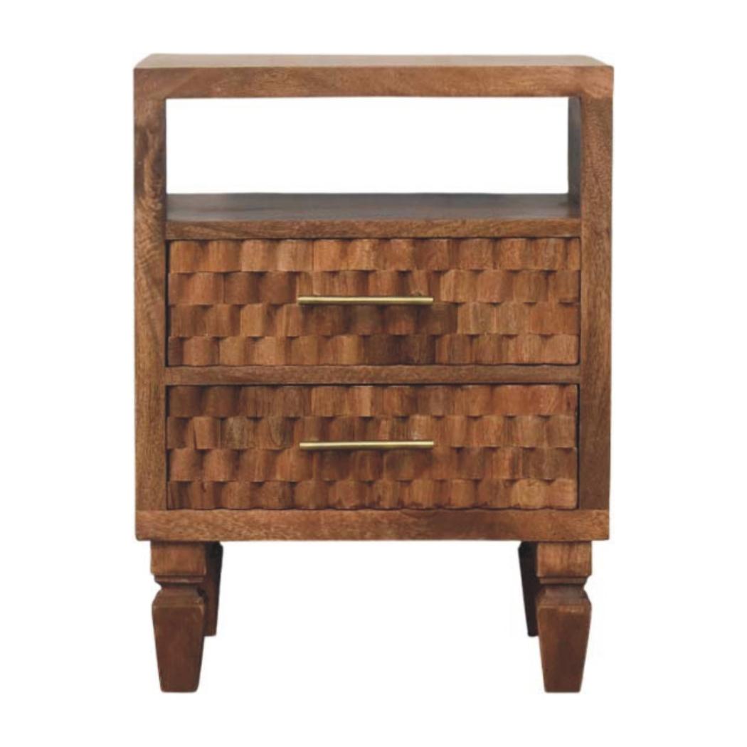 Cadiz Carved Open Shelf Bedside Table | Solid Mango Wood | Golden Teak Finish | 2 Drawer Nightstand