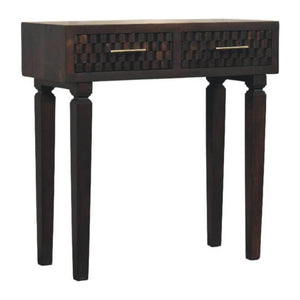 Cadiz Carved Slim Console Table | Solid Mango Wood | Velvet Mocha Finish | 2 Drawer Hallway Console