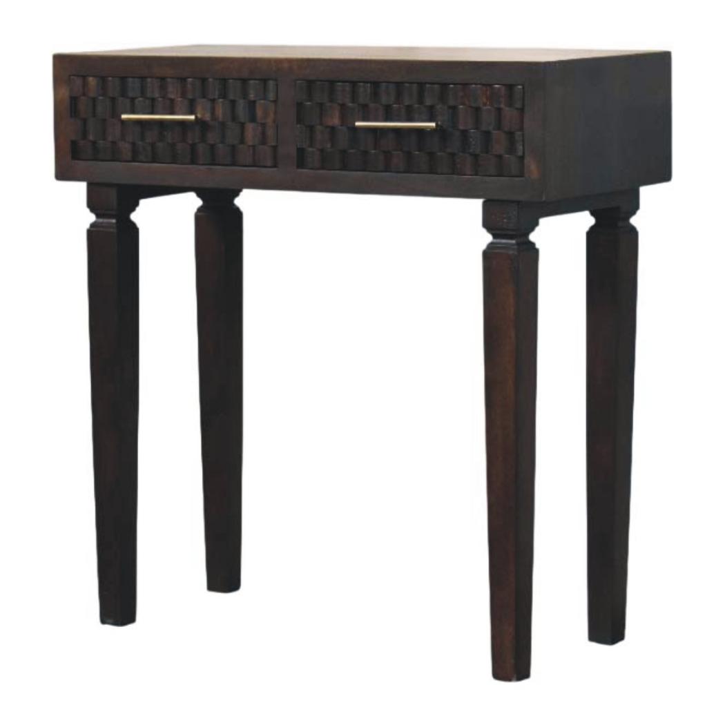 Cadiz Carved Slim Console Table | Solid Mango Wood | Velvet Mocha Finish | 2 Drawer Hallway Console