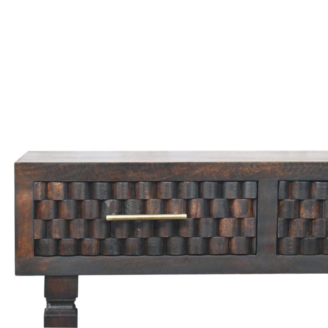 Cadiz Carved Slim Console Table | Solid Mango Wood | Velvet Mocha Finish | 2 Drawer Hallway Console