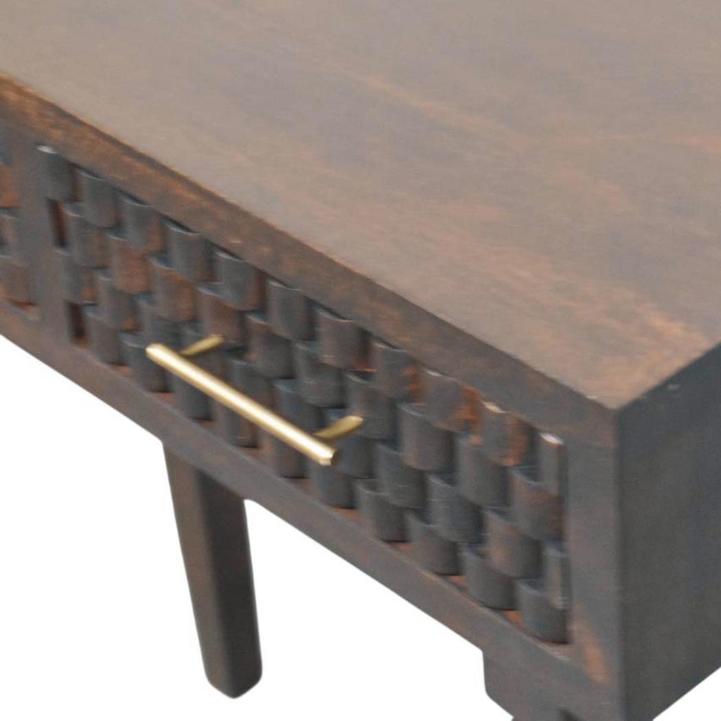 Cadiz Carved Slim Console Table | Solid Mango Wood | Velvet Mocha Finish | 2 Drawer Hallway Console