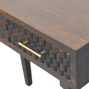 Cadiz Carved Slim Console Table | Solid Mango Wood | Velvet Mocha Finish | 2 Drawer Hallway Console