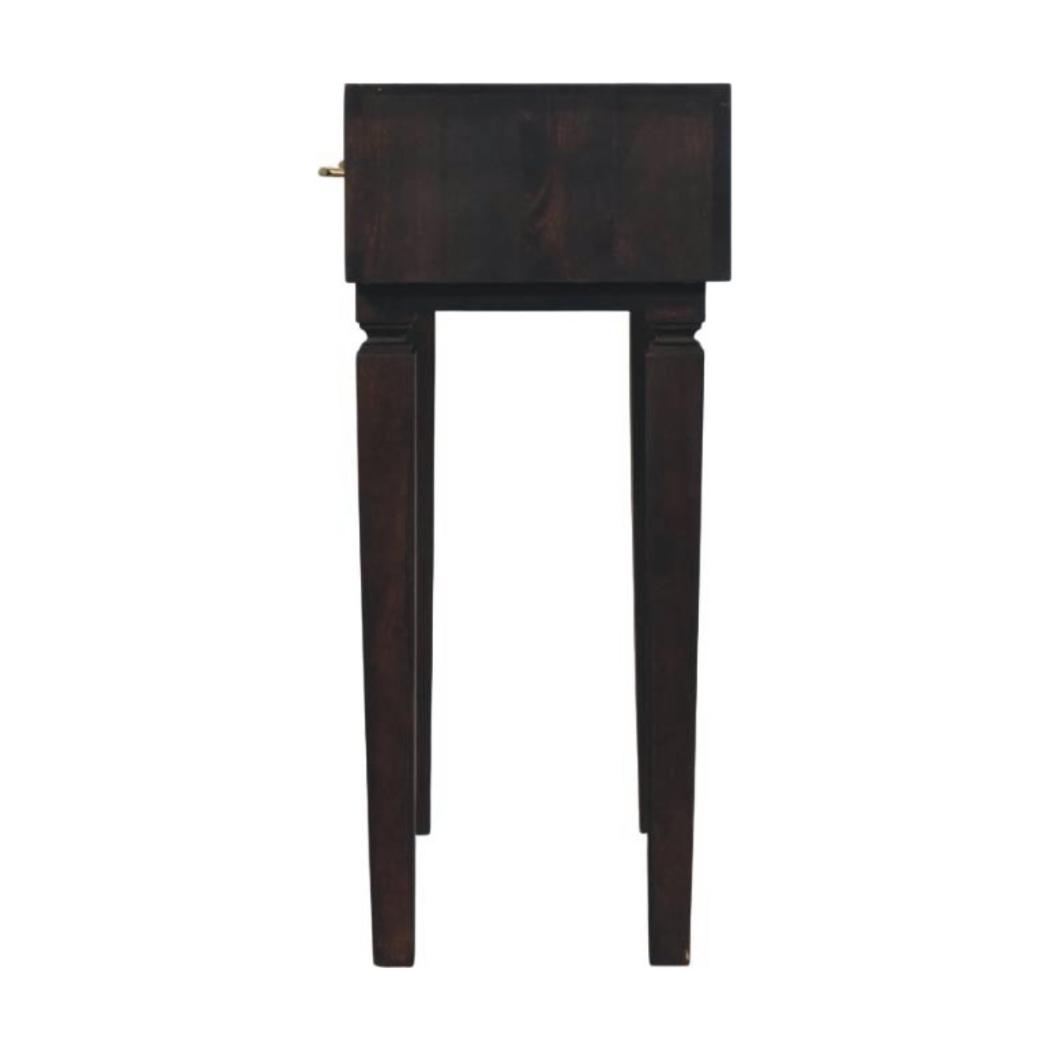 Cadiz Carved Slim Console Table | Solid Mango Wood | Velvet Mocha Finish | 2 Drawer Hallway Console