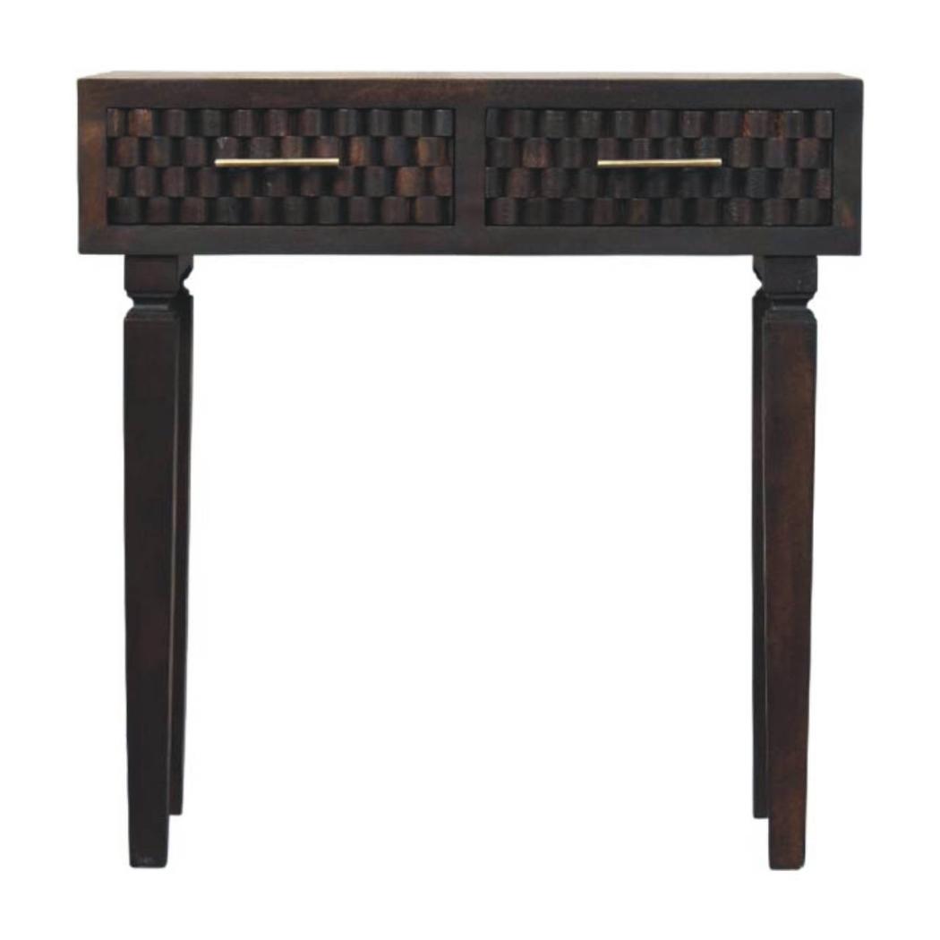 Cadiz Carved Slim Console Table | Solid Mango Wood | Velvet Mocha Finish | 2 Drawer Hallway Console
