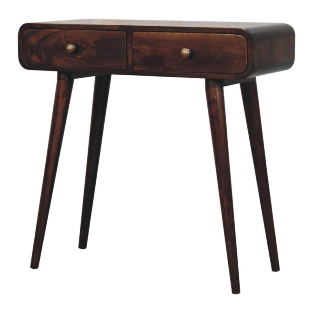 California Walnut Console Table | Solid Mango Wood | 2 Drawer Curved Hallway Table