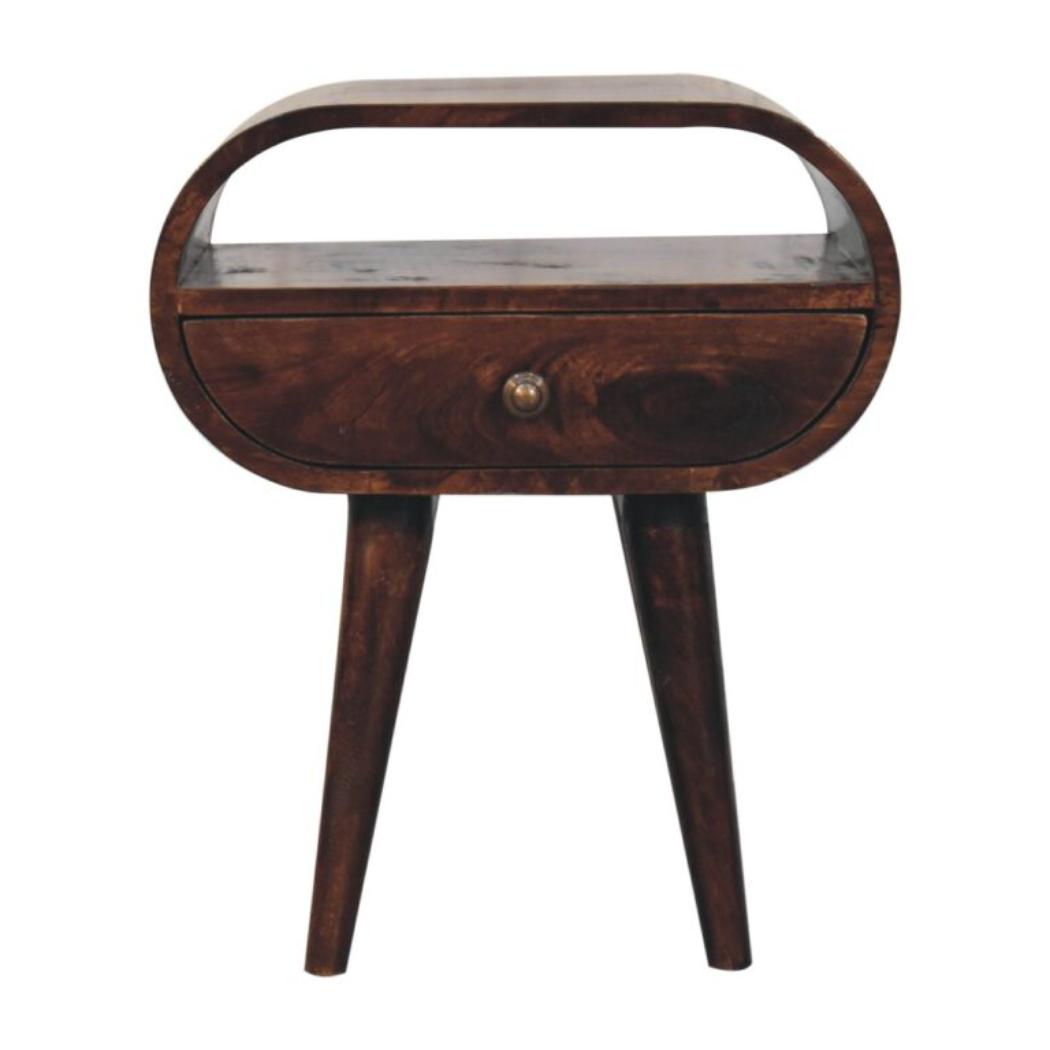 California Walnut Oval Bedside Table | Solid Mango Wood | California Walnut Finish | 1 Drawer with Open Shelf