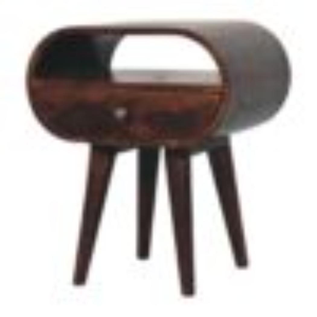 California Walnut Oval Bedside Table | Solid Mango Wood | California Walnut Finish | 1 Drawer with Open Shelf