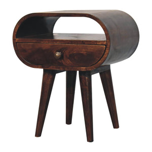 California Walnut Oval Bedside Table | Solid Mango Wood | California Walnut Finish | 1 Drawer with Open Shelf