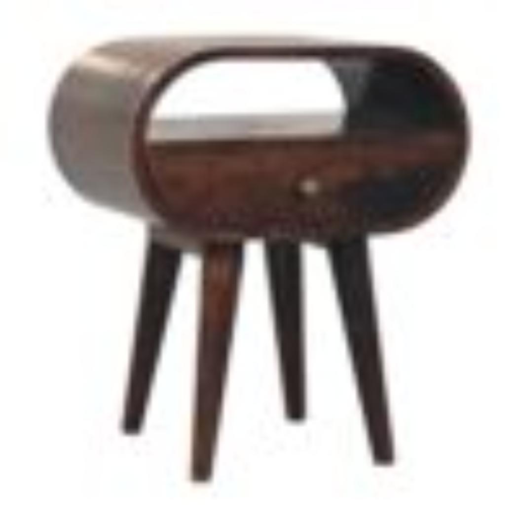 California Walnut Oval Bedside Table | Solid Mango Wood | California Walnut Finish | 1 Drawer with Open Shelf