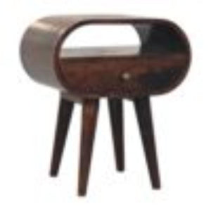 California Walnut Oval Bedside Table | Solid Mango Wood | California Walnut Finish | 1 Drawer with Open Shelf