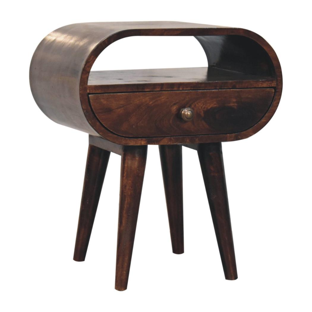 California Walnut Oval Bedside Table | Solid Mango Wood | California Walnut Finish | 1 Drawer with Open Shelf