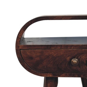 California Walnut Oval Bedside Table | Solid Mango Wood | California Walnut Finish | 1 Drawer with Open Shelf