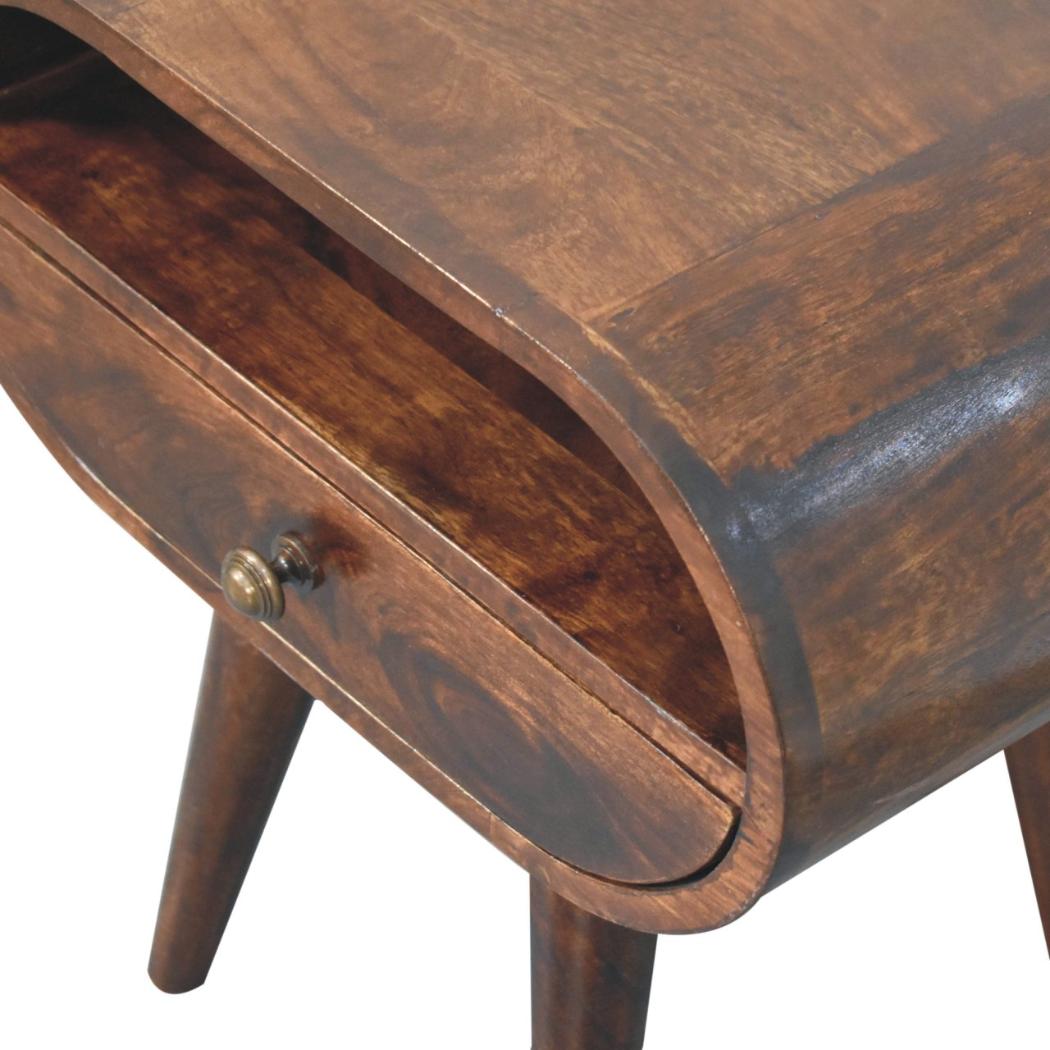 California Walnut Oval Bedside Table | Solid Mango Wood | California Walnut Finish | 1 Drawer with Open Shelf