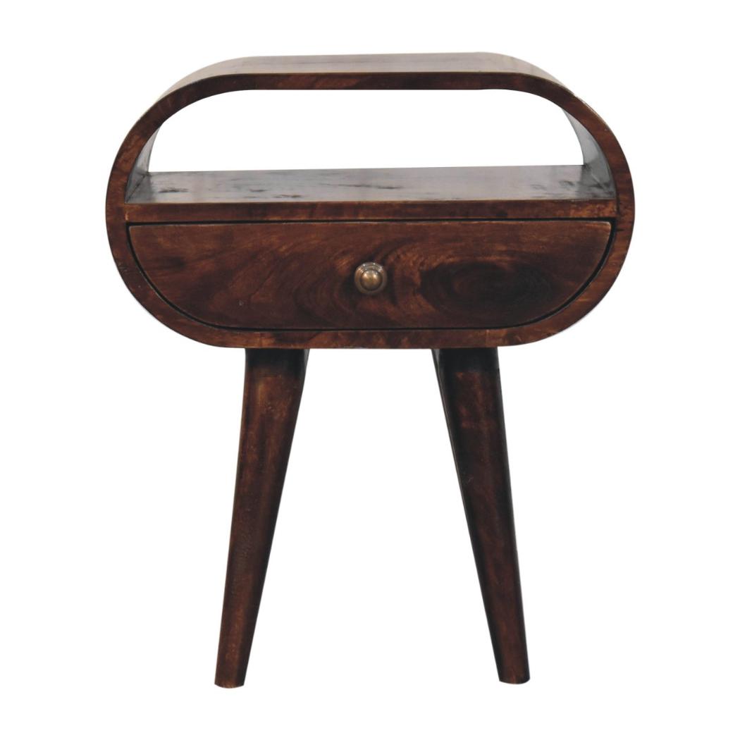 California Walnut Oval Bedside Table | Solid Mango Wood | California Walnut Finish | 1 Drawer with Open Shelf