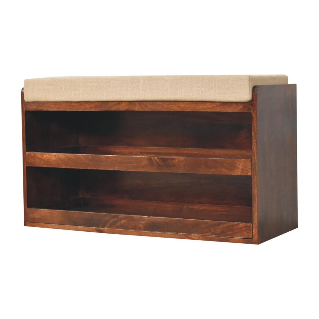 California Walnut Shoe Storage Bench | Solid Mango Wood | Mud Linen Seat | Pull-Out Shoe Cabinet