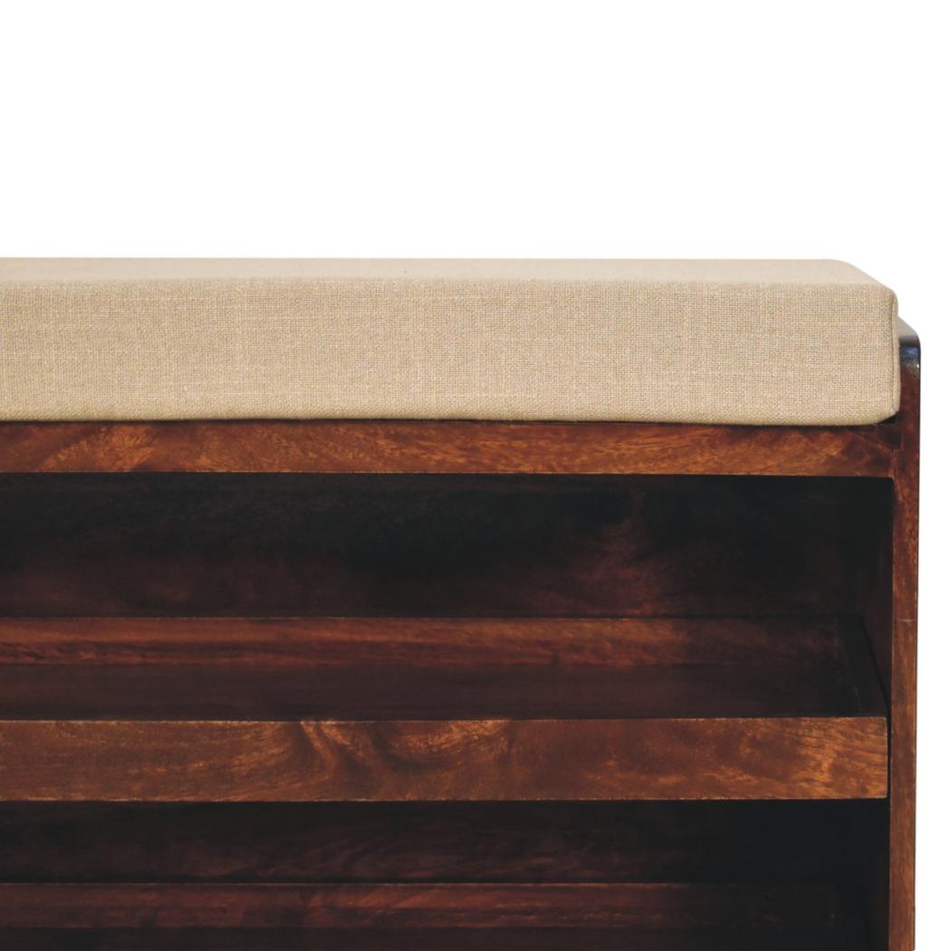 California Walnut Shoe Storage Bench | Solid Mango Wood | Mud Linen Seat | Pull-Out Shoe Cabinet