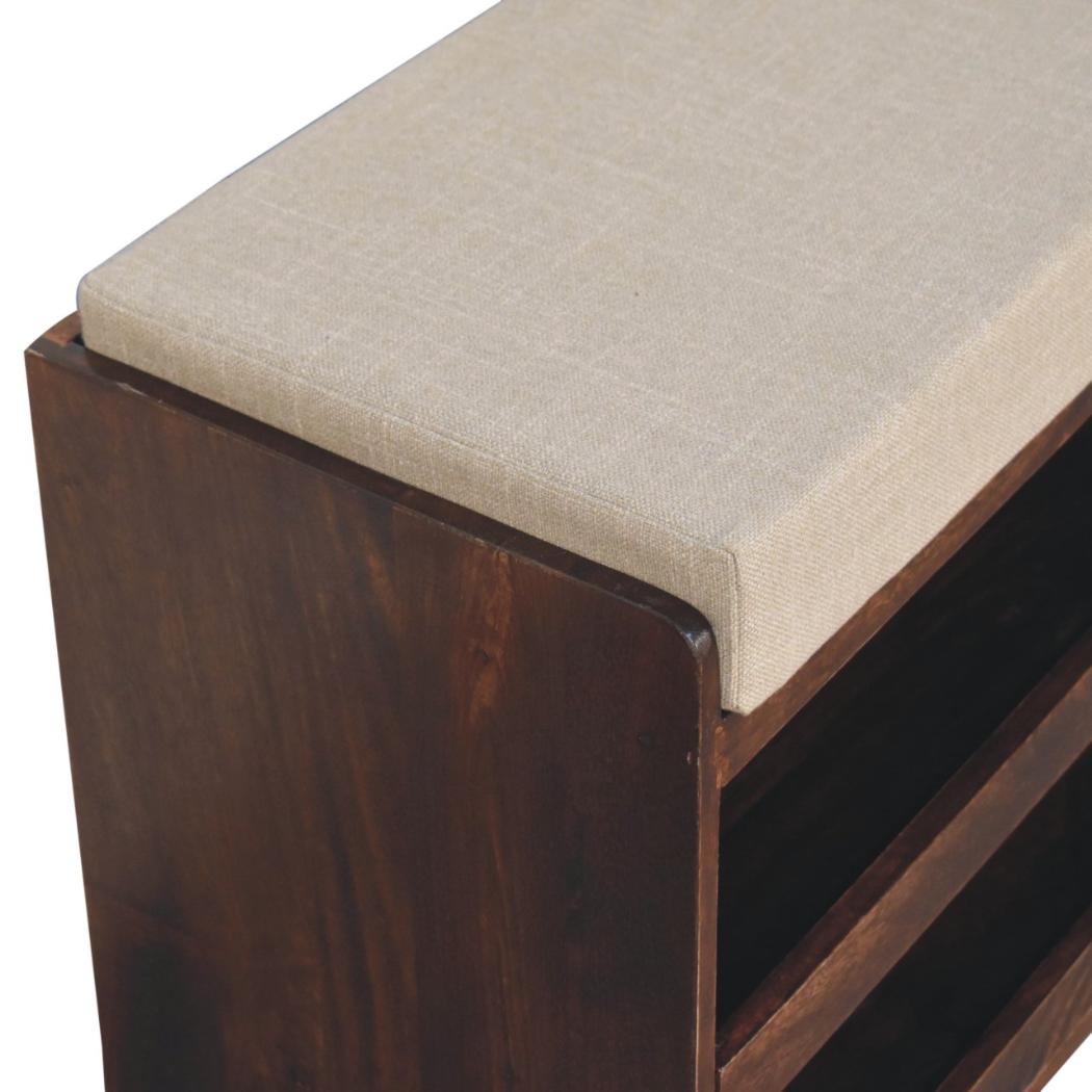 California Walnut Shoe Storage Bench | Solid Mango Wood | Mud Linen Seat | Pull-Out Shoe Cabinet