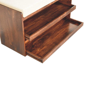 California Walnut Shoe Storage Bench | Solid Mango Wood | Mud Linen Seat | Pull-Out Shoe Cabinet