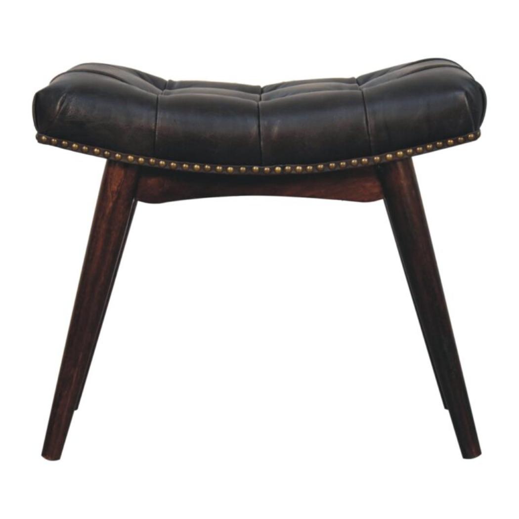 California Walnut Upholstered Bench | Solid Mango Wood | Black Buffalo Leather Footstool