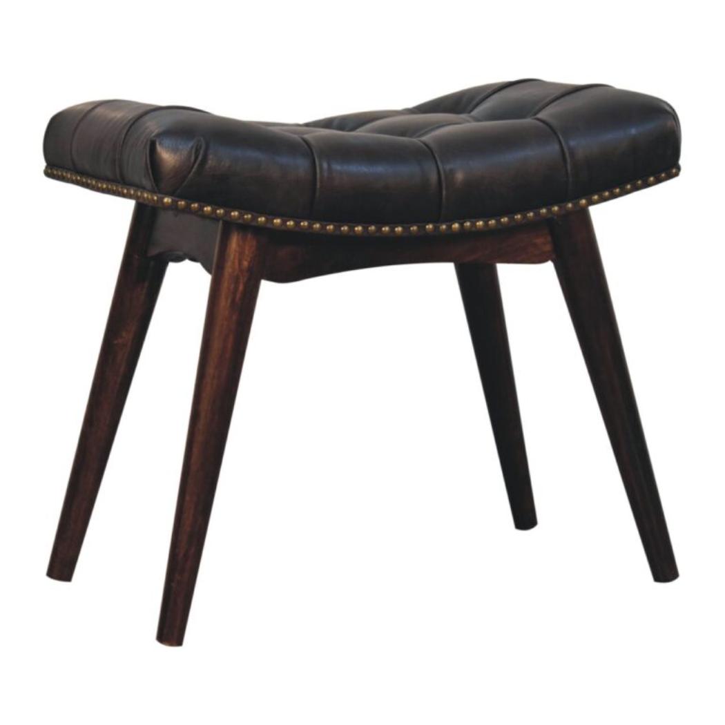 California Walnut Upholstered Bench | Solid Mango Wood | Black Buffalo Leather Footstool