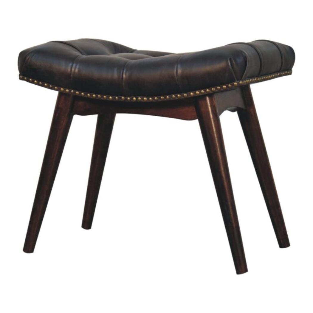 California Walnut Upholstered Bench | Solid Mango Wood | Black Buffalo Leather Footstool