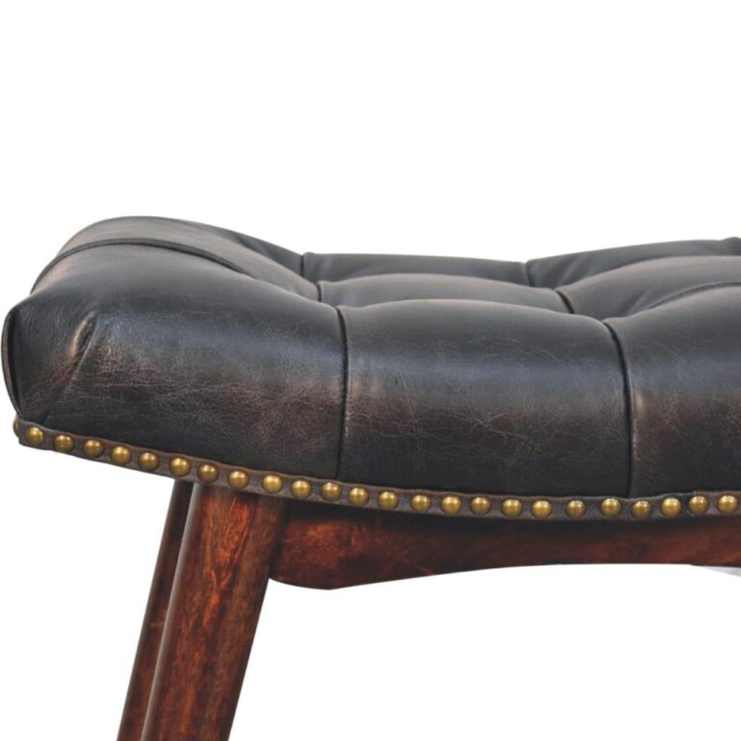 California Walnut Upholstered Bench | Solid Mango Wood | Black Buffalo Leather Footstool