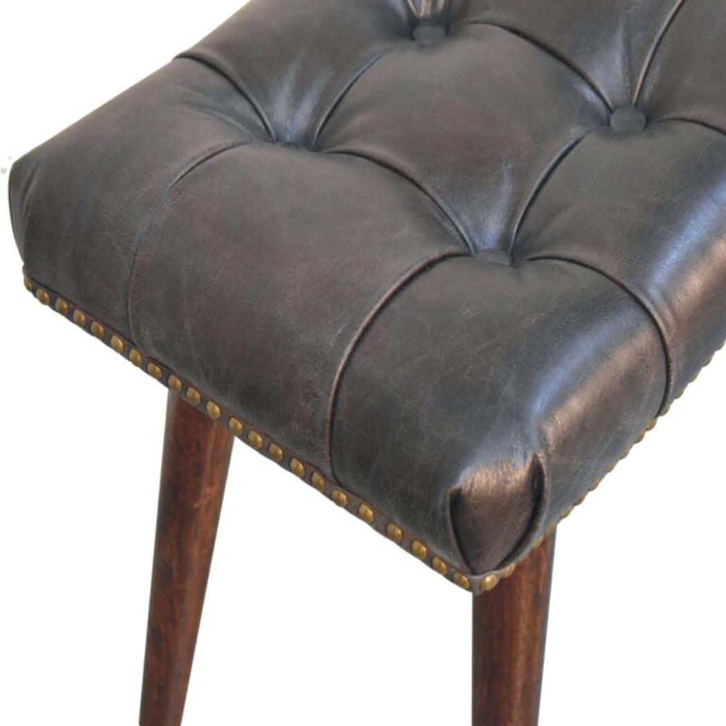California Walnut Upholstered Bench | Solid Mango Wood | Black Buffalo Leather Footstool