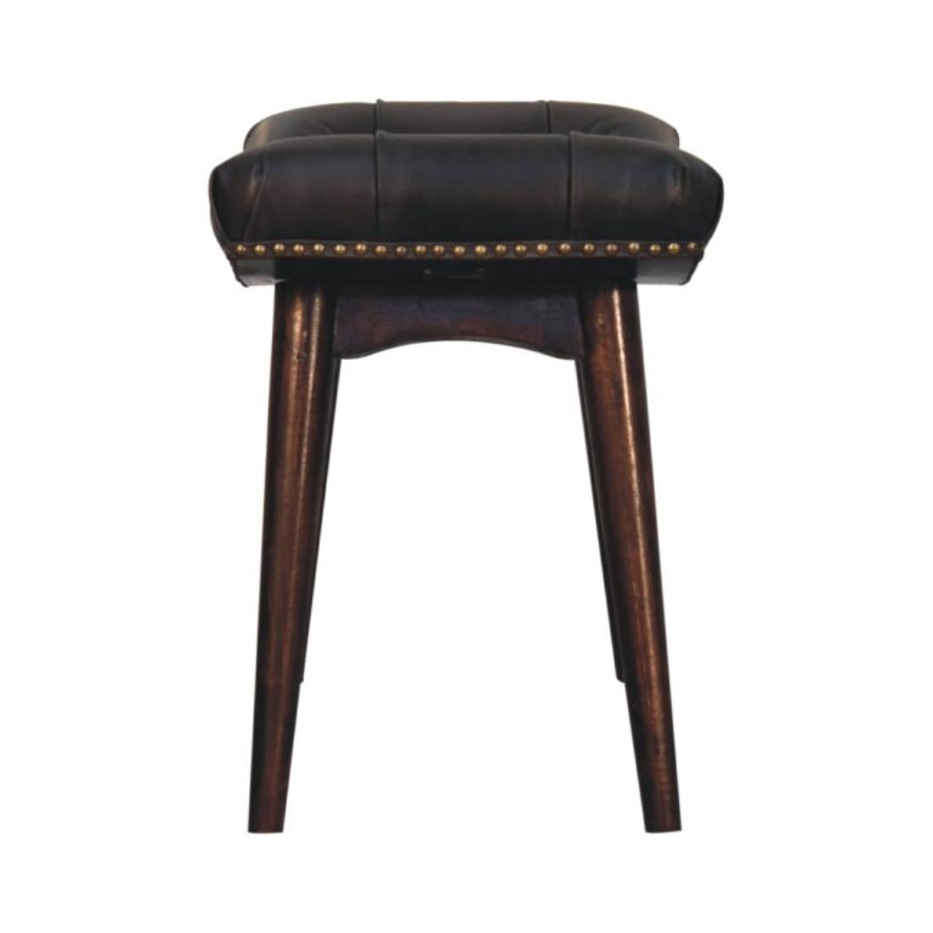California Walnut Upholstered Bench | Solid Mango Wood | Black Buffalo Leather Footstool