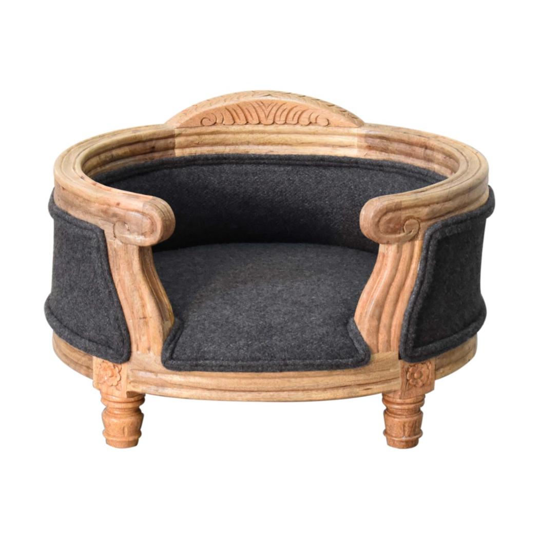 Carved Battleship Tweed Pet Sofa Bed | Solid Mango Wood Frame | Padded Cat & Dog Bed
