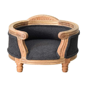 Carved Battleship Tweed Pet Sofa Bed | Solid Mango Wood Frame | Padded Cat & Dog Bed