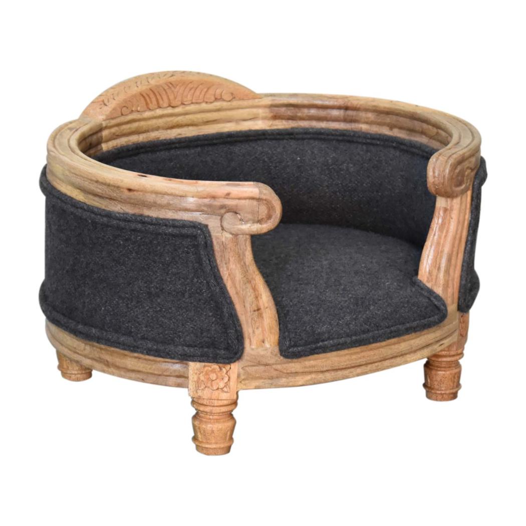 Carved Battleship Tweed Pet Sofa Bed | Solid Mango Wood Frame | Padded Cat & Dog Bed