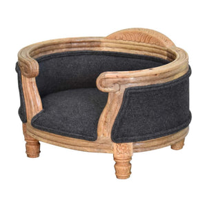 Carved Battleship Tweed Pet Sofa Bed | Solid Mango Wood Frame | Padded Cat & Dog Bed