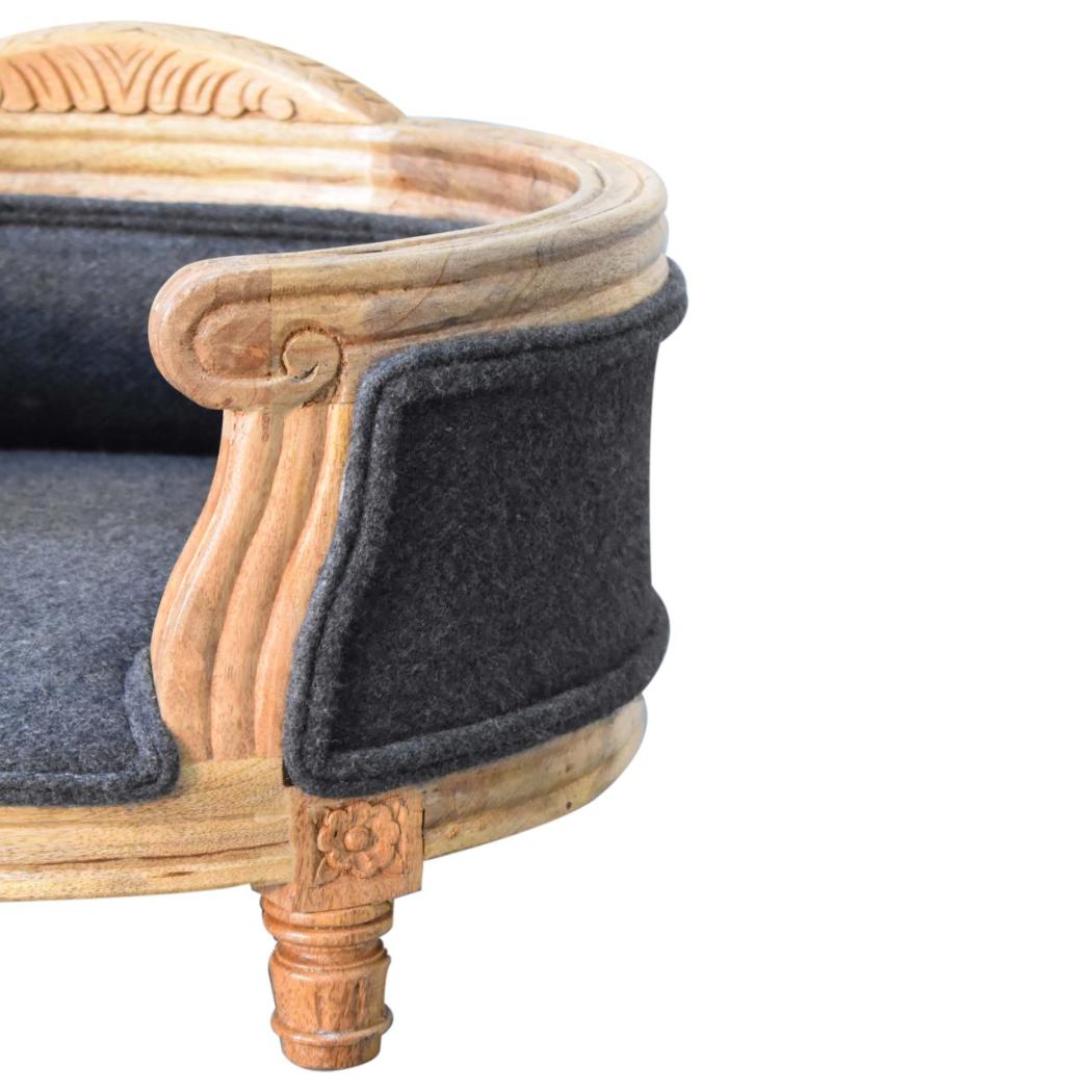 Carved Battleship Tweed Pet Sofa Bed | Solid Mango Wood Frame | Padded Cat & Dog Bed