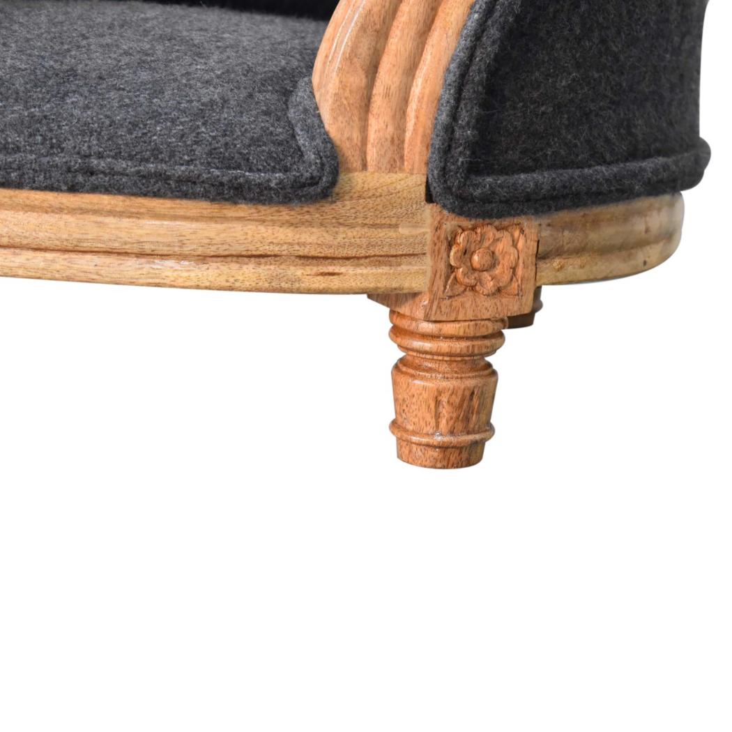 Carved Battleship Tweed Pet Sofa Bed | Solid Mango Wood Frame | Padded Cat & Dog Bed