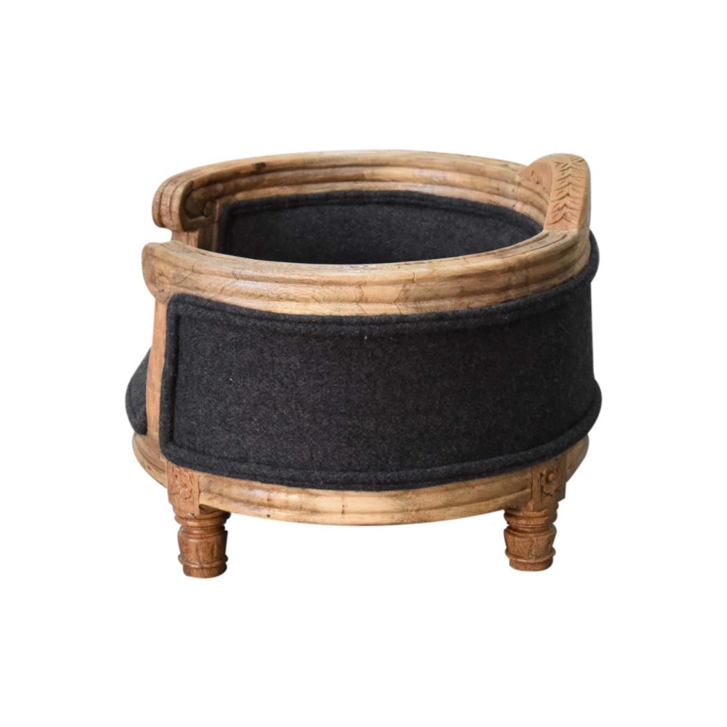 Carved Battleship Tweed Pet Sofa Bed | Solid Mango Wood Frame | Padded Cat & Dog Bed
