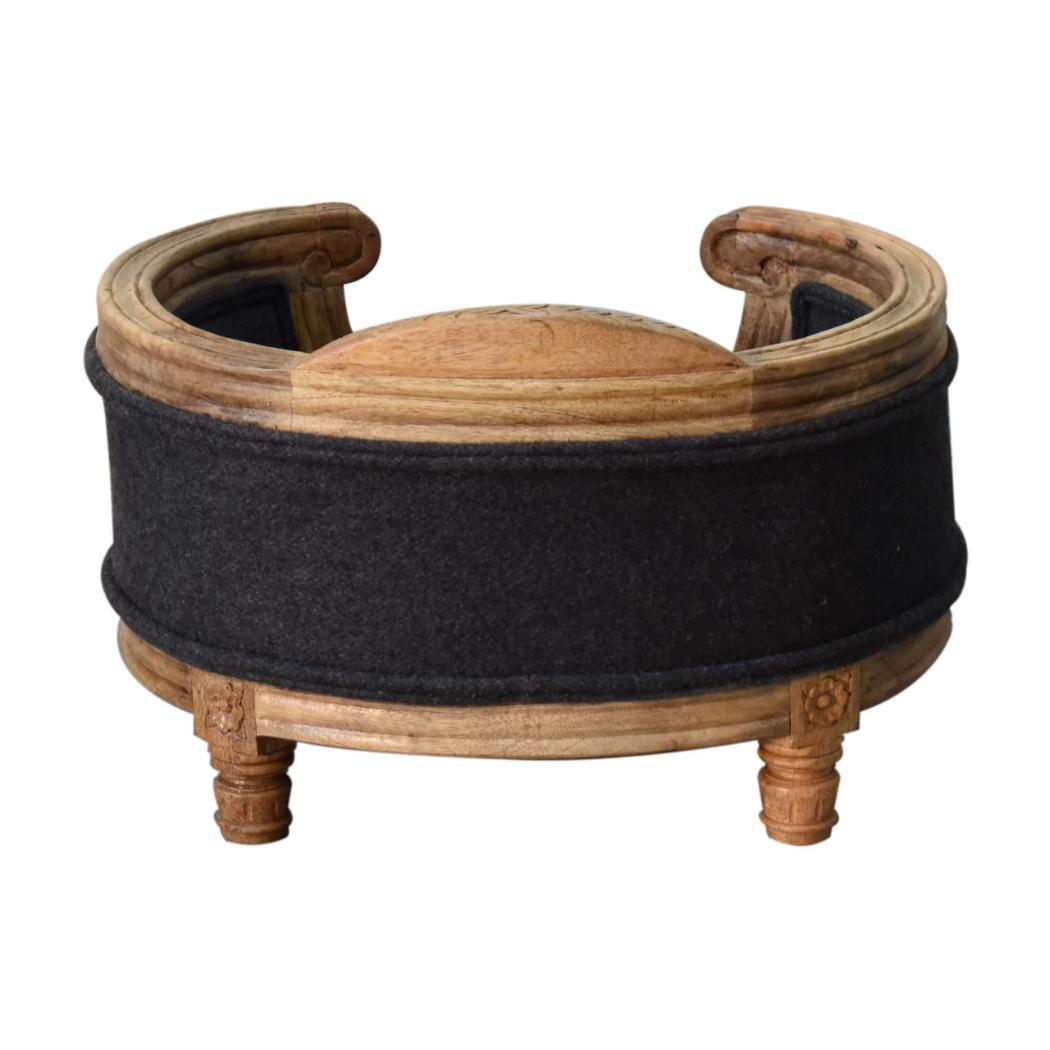 Carved Battleship Tweed Pet Sofa Bed | Solid Mango Wood Frame | Padded Cat & Dog Bed