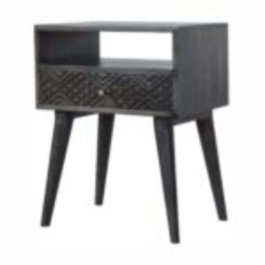 Carved Drawer Bedside Table | Solid Mango Wood | Ash Black Finish | Compact Storage