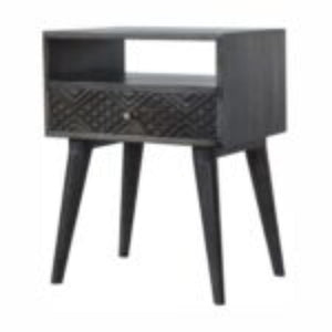Carved Drawer Bedside Table | Solid Mango Wood | Ash Black Finish | Compact Storage
