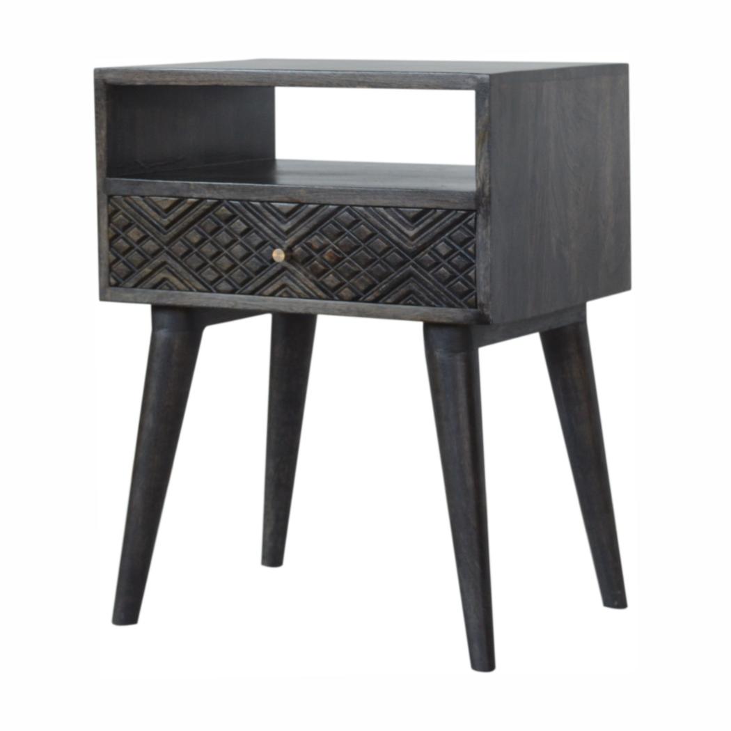 Carved Drawer Bedside Table | Solid Mango Wood | Ash Black Finish | Compact Storage