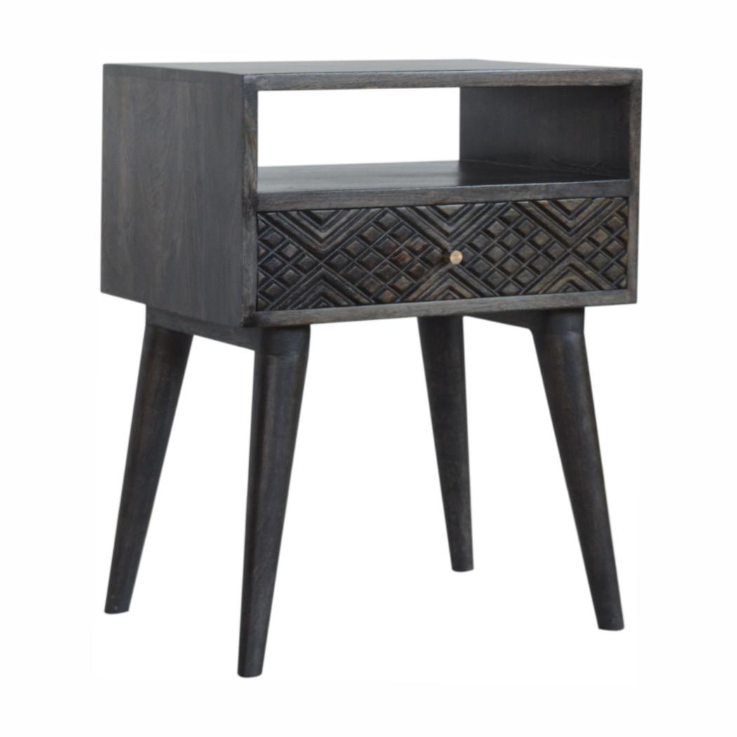 Carved Drawer Bedside Table | Solid Mango Wood | Ash Black Finish | Compact Storage