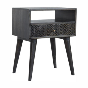 Carved Drawer Bedside Table | Solid Mango Wood | Ash Black Finish | Compact Storage