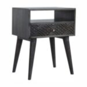 Carved Drawer Bedside Table | Solid Mango Wood | Ash Black Finish | Compact Storage