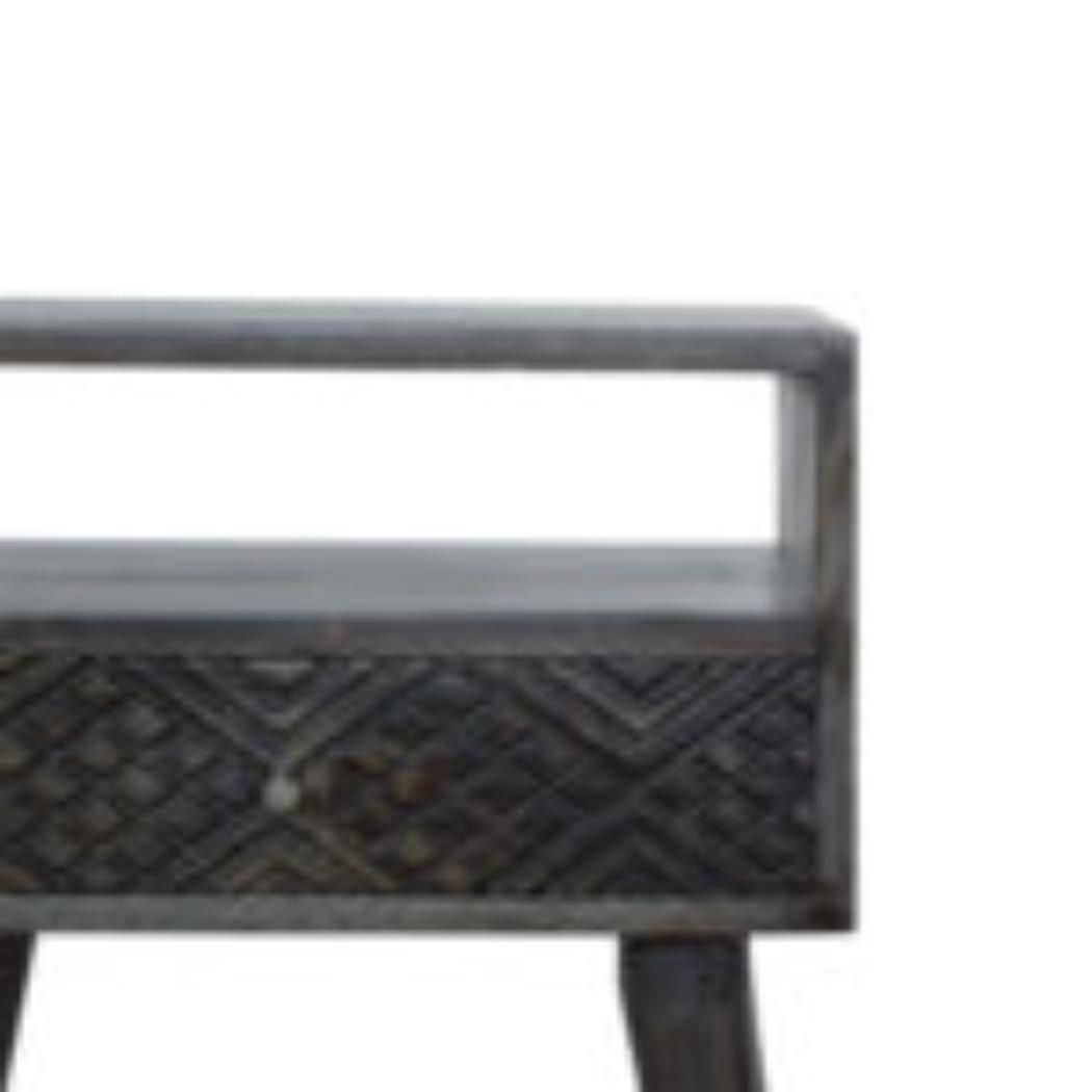 Carved Drawer Bedside Table | Solid Mango Wood | Ash Black Finish | Compact Storage