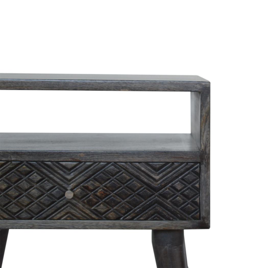 Carved Drawer Bedside Table | Solid Mango Wood | Ash Black Finish | Compact Storage
