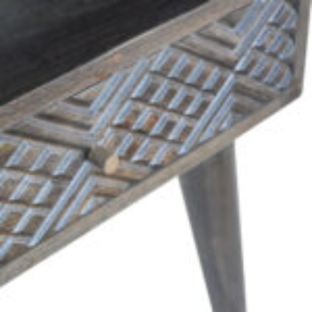 Carved Drawer Bedside Table | Solid Mango Wood | Ash Black Finish | Compact Storage